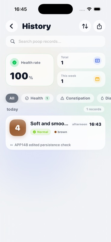 Poop Tracker history screen on iPhone showing daily records and health summary