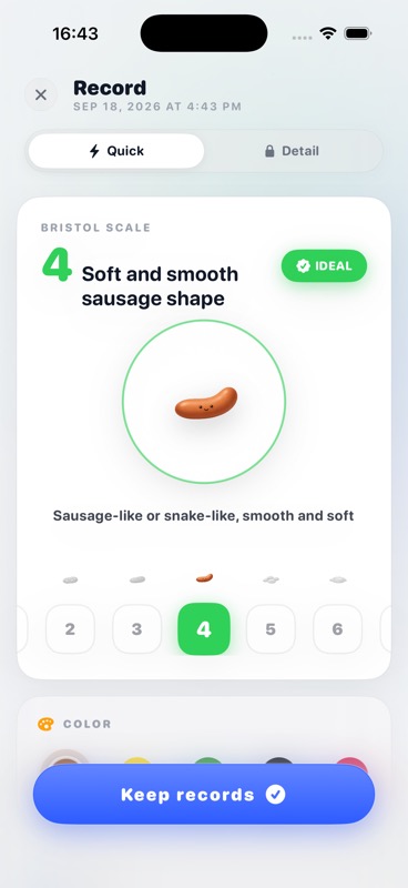 Poop Tracker quick record screen on iPhone showing Bristol stool scale selection